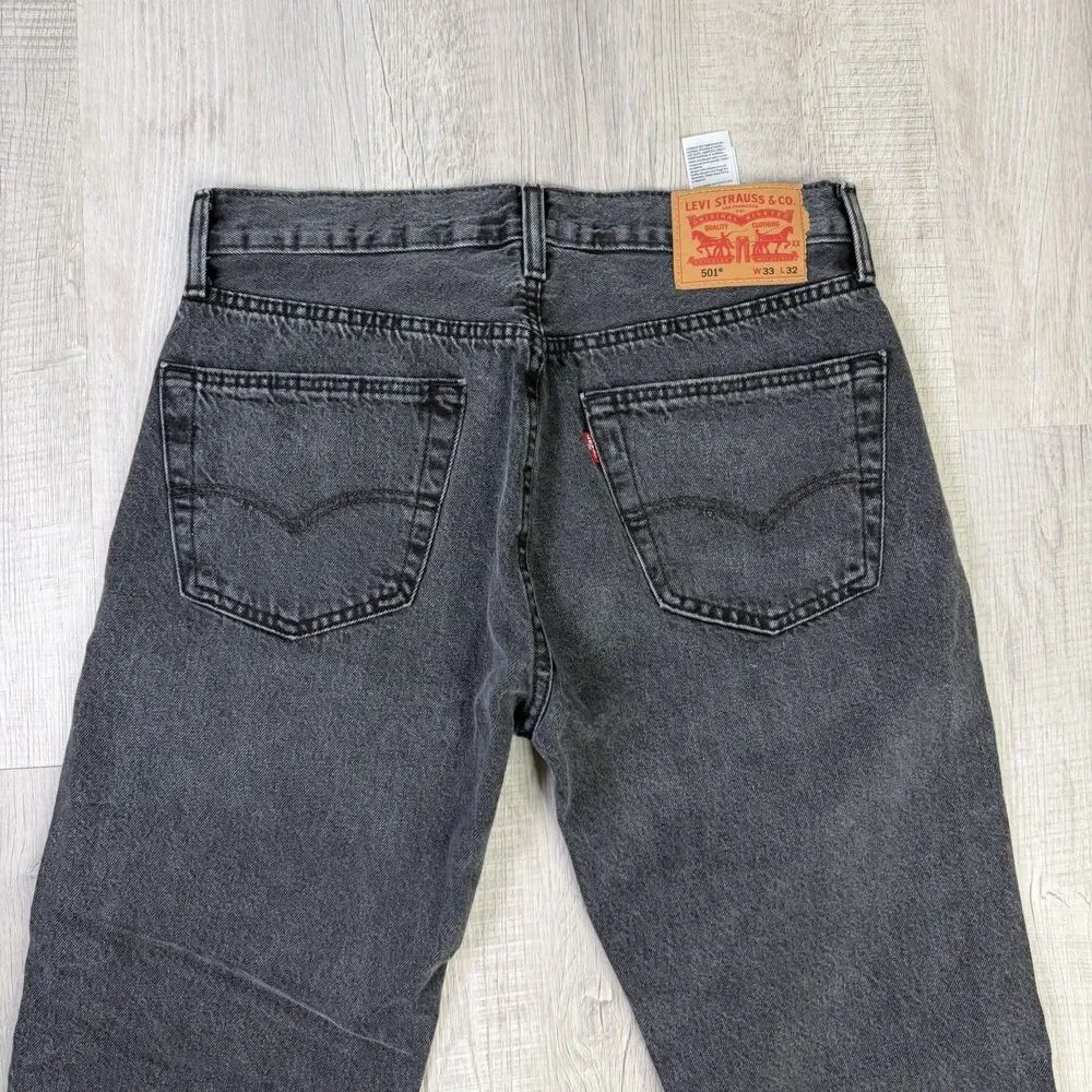 Levis Jeans Mens 33x32 Black 501 Straight Button Fly Western Distressed Denim N - Picture 12 of 13